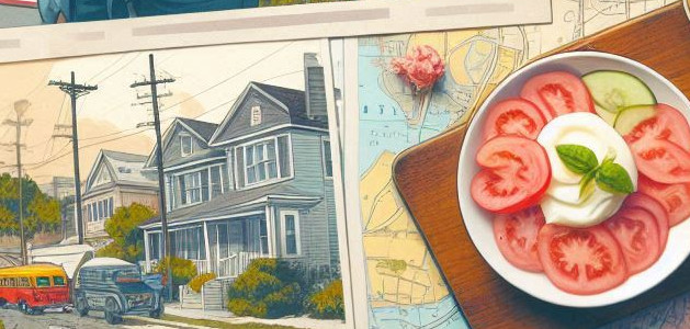 collage of food, maps, and neighborhood images