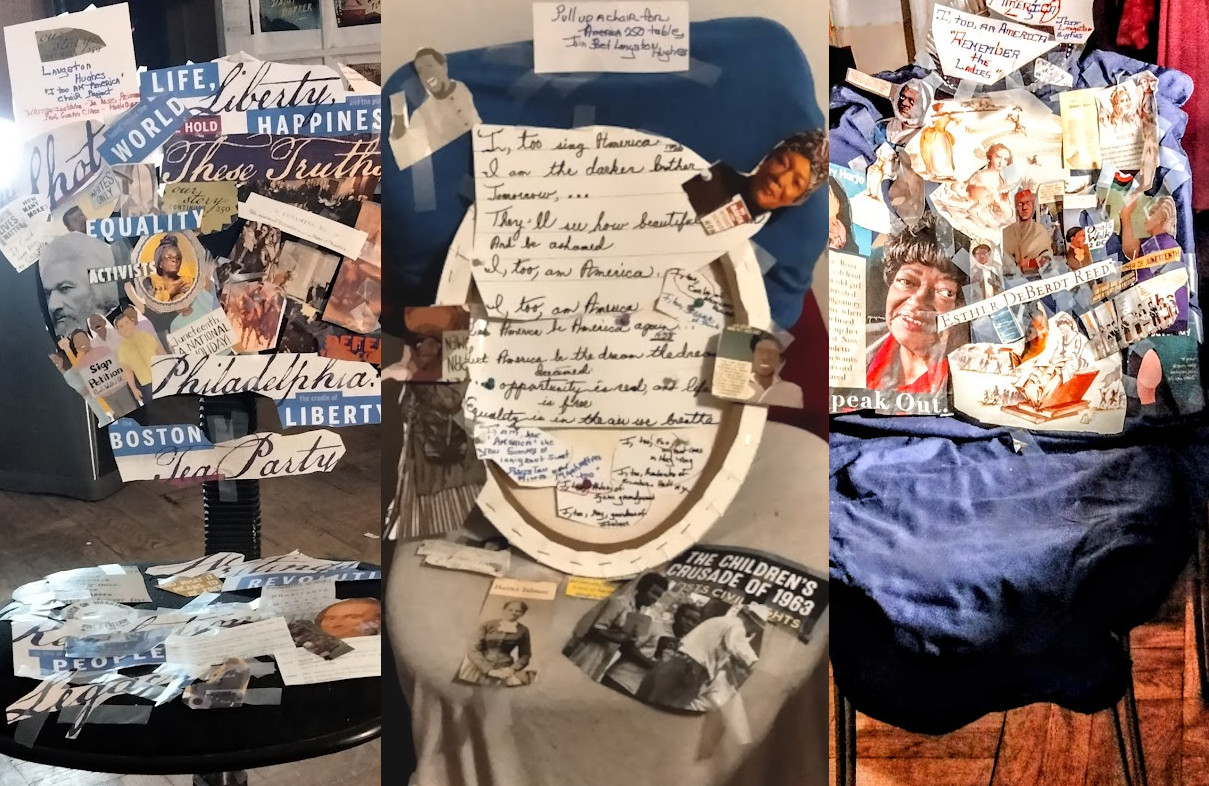 image of three student-created chairs inspired by Langston Hughes' poem I, Too